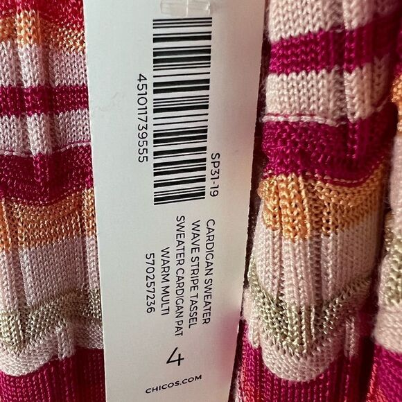Chico’s Pink Wave Stripe Tassel Boho Open Front Cardigan Size XXL - Picture 11 of 12